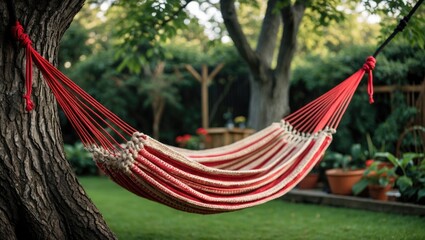 Hammock with red cords elegantly tied to a tree in a serene garden setting surrounded by greenery and potted plants.