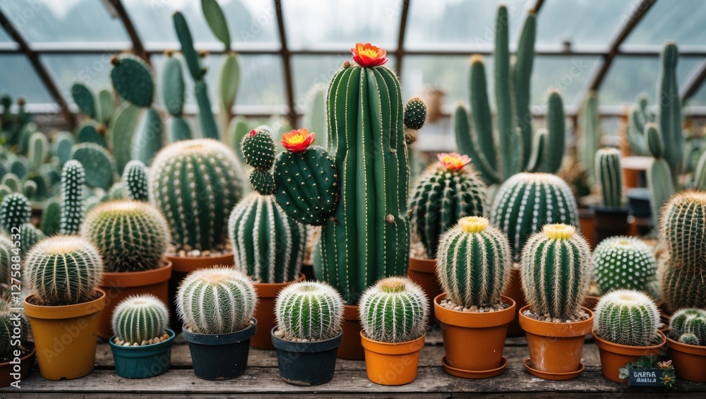 Poster diverse collection of cacti in a greenhouse with empty space for text or branding use