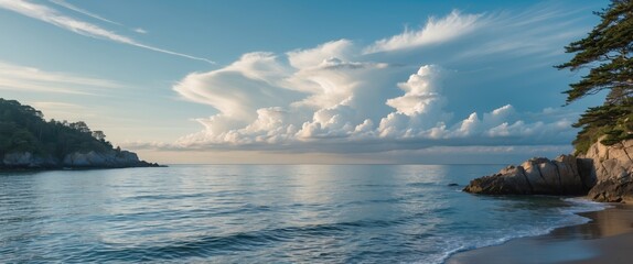 Tranquil coastal landscape with serene water and dramatic cloud formations under a clear sky at dusk. Natural beauty and relaxation theme.