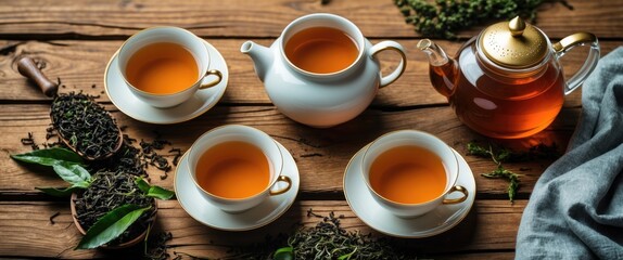 Elegant tea set with steaming cups and teapot on wooden table surrounded by loose tea leaves and fresh herbs, perfect for cozy moments.