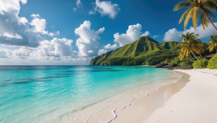 Fototapeta premium Tropical Island Paradise with Turquoise Ocean and Soft Sandy Beach under a Clear Blue Sky for Ideal Vacation Retreat.