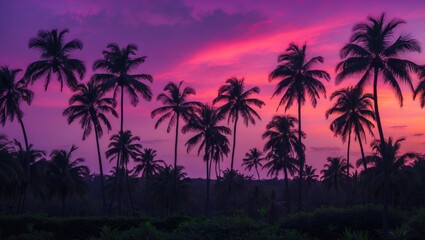 Tropical Purple Sunset Sky with Silhouetted Palm Trees in a Vibrant Landscape Scene