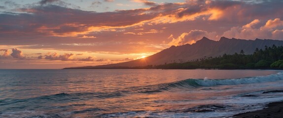 Majestic sunset over Kona Island with vibrant colors and serene ocean waves creating a tranquil coastal landscape for text overlay.