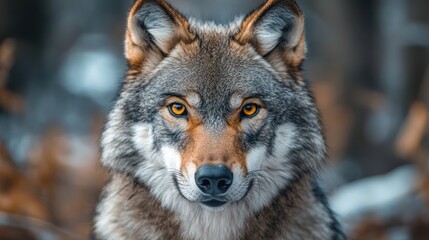 Fototapeta premium Majestic Gray Wolf Portrait: A Stunning Close-Up in the Wild