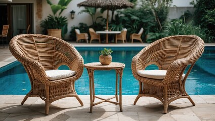 Cozy Rattan Chairs with Table by the Swimming Pool in a Serene Relaxation Space Perfect for Outdoor Leisure and Enjoyment