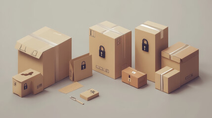 Fototapeta premium Delivery and post service cartoon labels with cardboard boxes, paper airplane, padlock and parcel wrapped with bow. Carton close and open packages, cargo, freight logistics, Vector illustration, set