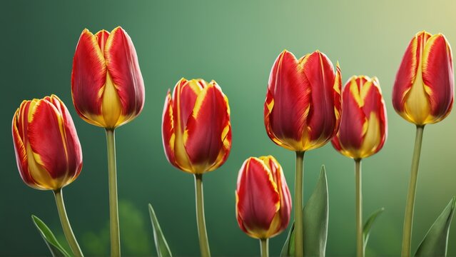 Several red and yellow tulip flowers against green background