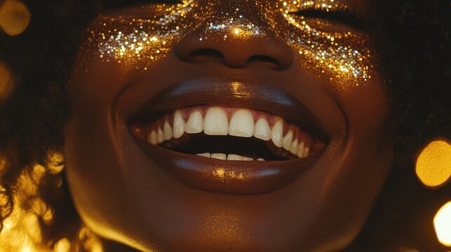 A joyful Black woman with a dazzling smile, her face adorned with shimmering gold glitter, radiating happiness against a warm, blurred backdrop.
