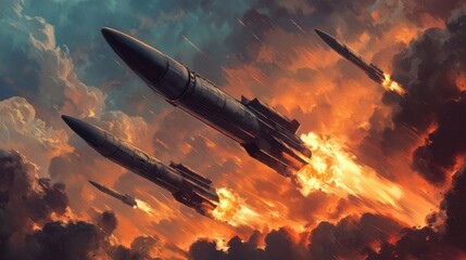 Multiple missiles launch through fiery skies. Illustrates war, conflict, or military action.