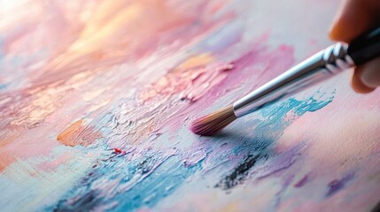 Obraz premium A close-up of a hand applying vibrant paint with a brush on a textured canvas, creating an artistic blend of soft pastel colors.
