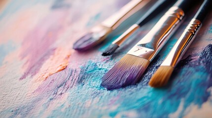 Obraz premium A set of artist paintbrushes resting on a colorful canvas featuring vibrant hues of purple and blue, capturing the essence of creativity.