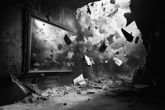 Room imploding dramatic scene black and white artistic style.