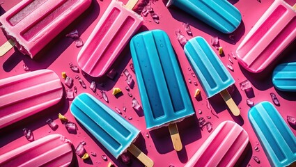 Colorful Pink and Blue Popsicles on a Vibrant Background with Ice Fragments and Ample Space for Creative Text Usage