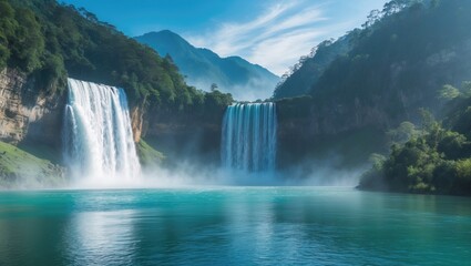 Fototapeta premium Majestic Trchkan Waterfall in a serene landscape with mist and turquoise waters ideal for nature-based projects and text placement