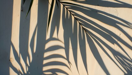 Obraz premium Palm Leaf Shadow Casting Elegant Patterns on Wall in Sunlight Creating a Stylish and Contemporary Aesthetic for Interior Design.