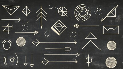 Creative chalkboard illustration featuring various geometric shapes and directional arrows in a playful design.