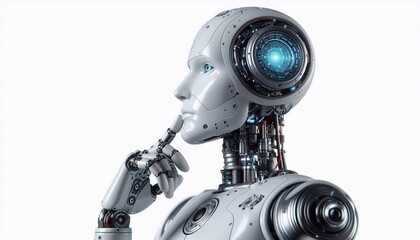 Fototapeta premium AI robot thinking, side view, isolated on white background