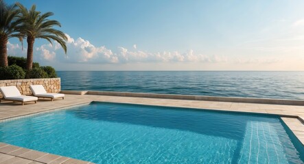 Fototapeta premium Luxurious Swimming Pool Overlooking Serene Sea with Clear Blue Waters and Tranquil Sky Ideal for Vacation or Spa Promotions