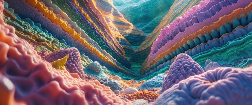 Colorful Abstract Representation of Stromatolites Layered Microbialite Formations in a Vibrant Underwater Environment