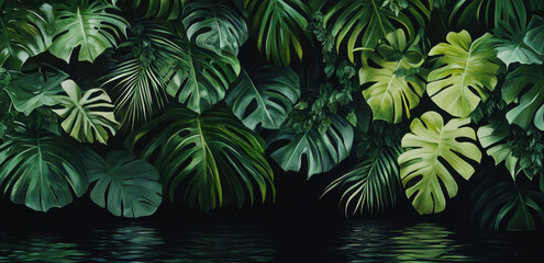 Vibrant tropical leaves fill the scene, contrasting beautifully with the calm water surface, creating a peaceful natural setting