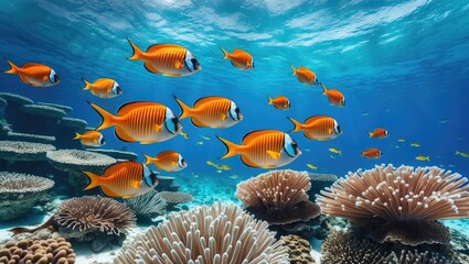 Fototapeta premium Colorful Reef Fish Swimming Amongst Vibrant Gorgonian Corals in Clear Blue Ocean Water Ideal for Marine Life and Nature Promotions