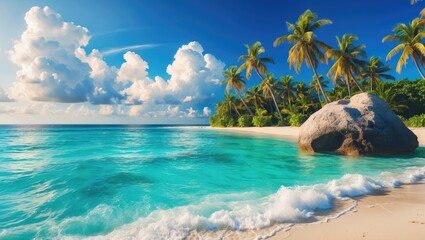 Obraz premium Serene Tropical Paradise with Crystal Clear Water and Rocky Outcrop Surrounded by Lush Palm Trees and Fluffy Clouds in the Sky