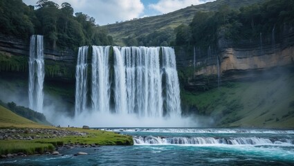 Fototapeta premium Majestic waterfall cascading over cliffs surrounded by lush greenery and serene river in a picturesque natural landscape.