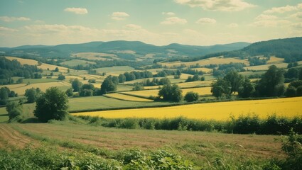 Obraz premium Serene Summer Rural Landscape with Vibrant Fields and Rolling Hills Ideal for Nature Themes and Text Presentation