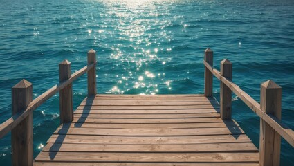 Fototapeta premium Serene Wooden Pier Overlooking Shimmering Blue Sea with Bright Reflections and Clear Space for Text or Branding Elements