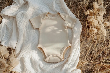 top view beige baby bodysuit on white blanket with dry plant around