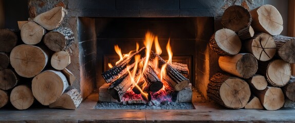 Obraz premium Cozy Fireplace with Burning Wooden Logs Surrounded by Neatly Stacked Firewood for Warmth and Comfort in a Rustic Setting