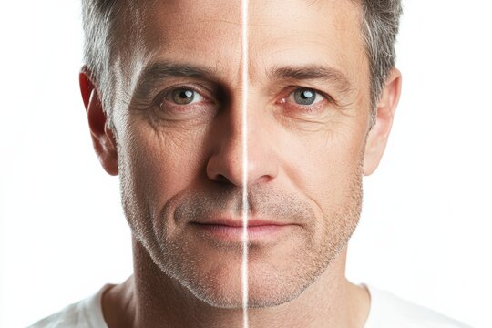 Before and after aging comparison studio portrait neutral background close-up human transformation