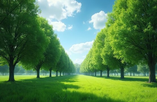 Green field landscape with row of trees and sky with clouds. Lush lawn with grass and leaves. Summer backdrop for vacation travel advertising. Eco-friendly park.
