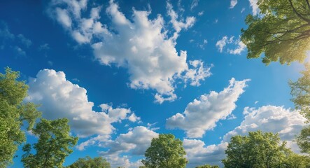 Obraz premium Vibrant Blue Sky With Fluffy Clouds Framed By Lush Green Trees Ideal For Nature Themes Or Text Overlay Usage