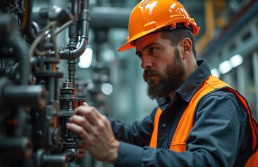Industrial worker inspecting machinery inside factory. Engineer wearing hard hat, safety vest. Technician maintains equipment. Plant worker monitors operation process on manufacturing plant.
