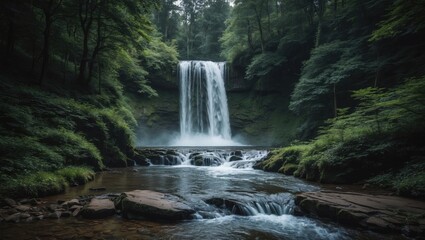 Obraz premium Serene Forest Waterfall Cascading Into Tranquil Stream Amidst Lush Greenery In A Picturesque Natural Setting
