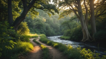 Obraz premium Peaceful Riverbank Trail Through Lush Forest at Sunrise with Soft Light Filtering Through Dense Trees and Green Foliage