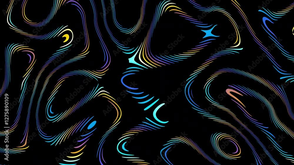 Poster Colorful lines with a black background moving slowly and irregularly to form an abstract shape, ideal for use as background