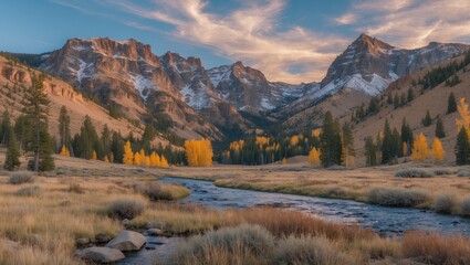 Fototapeta premium Scenic View of Sawtooth National Recreation Area at Sunset with Lush Landscape and Empty Space for Text or Graphics