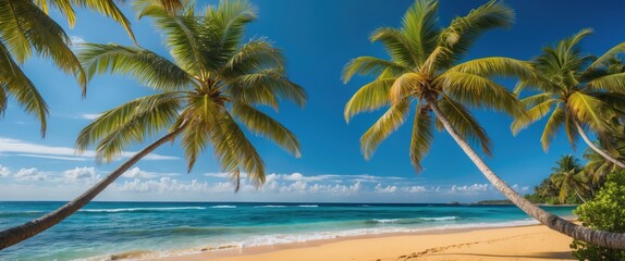 Tropical paradise with vibrant coconut palms swaying against a sunny beach and calm turquoise ocean under a clear blue sky.