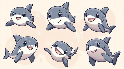 Six adorable cartoon sharks in various poses.