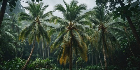 Obraz premium Lush Palm Trees Surrounded By Dense Rainforest Canopy With Space For Text Overlay In Nature Background