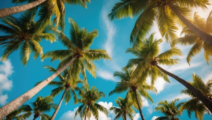 Tropical Paradise with Tall Palm Trees Against a Bright Blue Sky and Soft Clouds Ideal for Vacation and Travel Themes