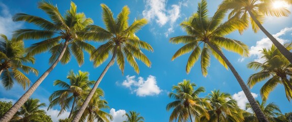 Obraz premium Lush Tropical Palm Trees Against Bright Sunny Sky Ideal For Summer Vacation Themes And Nature Inspired Design Concepts