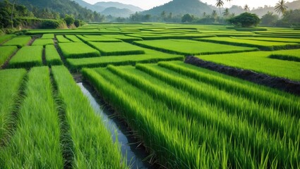 Fototapeta premium Lush Green Paddy Fields Under Sunlight with Mountains in Background, Scenic Rural Landscape Ideal for Agriculture and Nature Themes