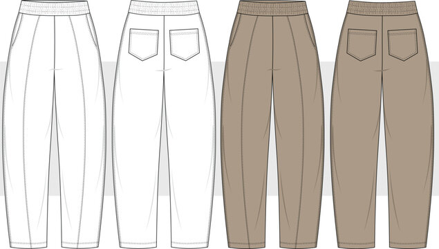 Barrel leg high waisted jeans pants with fly front and inseam pockets technical fashion illustration. front and back view, unisex CAD mockup set. 