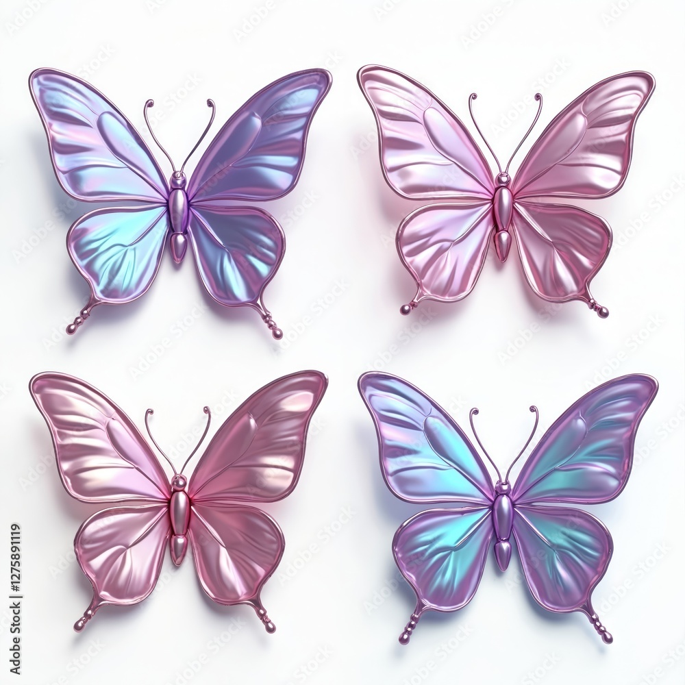 Poster set of four metallic butterflies with chrome texture on white background. glossy, iridescent, shiny,