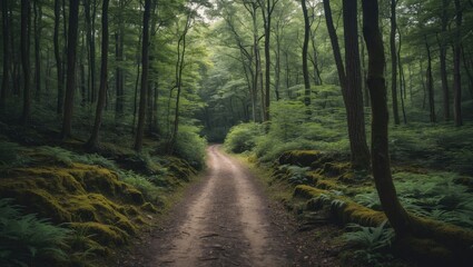 Fototapeta premium Serene Hiking Trail Through Lush Green Forest with Vibrant Foliage and Soft Pathway Inviting Nature Exploration and Adventure