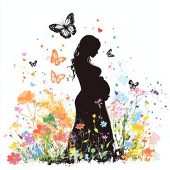 Pregnant woman surrounded by colorful butterflies and flowers in nature artistic illustration peaceful environment
