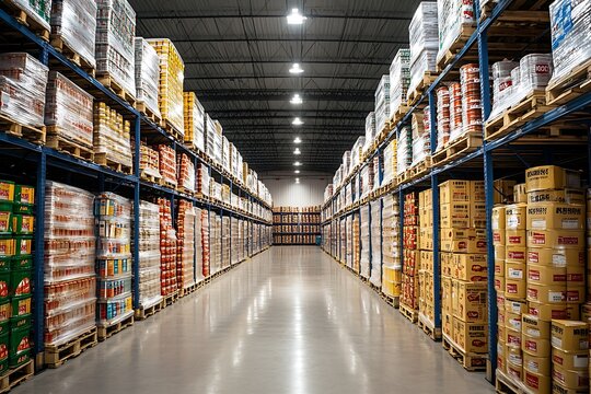 Spacious food storage warehouse with clean aisles, ideal for showcasing inventory management and organization.
